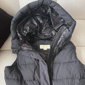 Michael Kors Hooded Black Sleeveless Puffer Vest w Faux Leather details